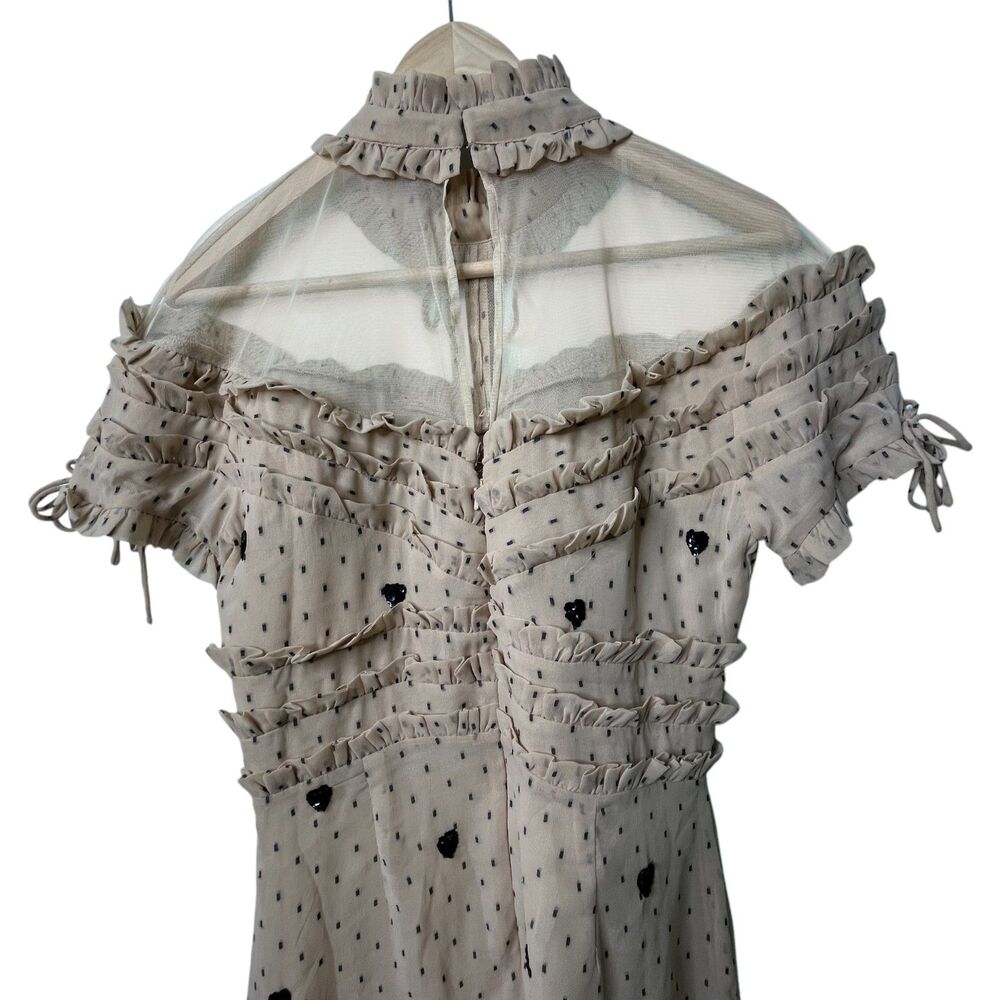NBD Cherry Pie Mini Dress Sz M Nude Black Polka Dot Sequin Heart Ruffle Revolve - Picture 7 of 13